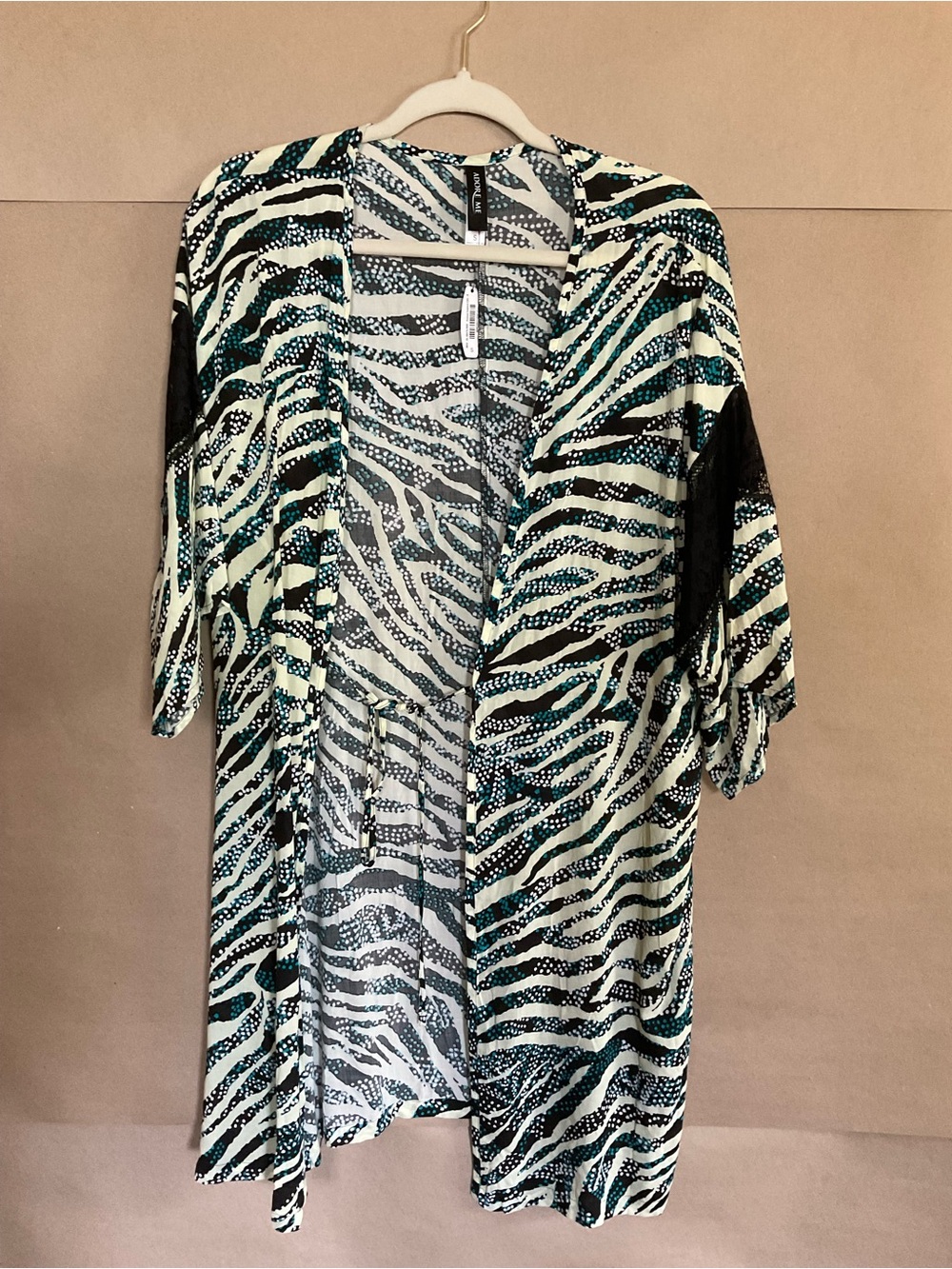 Adore Me NWT Women's Zebra-Print robe in Black, Teal & White. Size S
